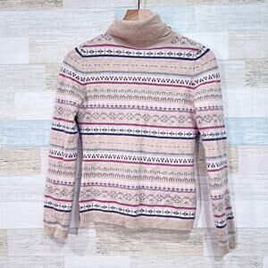 Garnet Hill 100% Cashmere Fair Isle Turtleneck Sweater Beige Womens Medium
